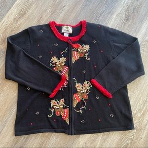 Tiara International Vintage zip cardigan Christmas Reindeer appliqué sweater L